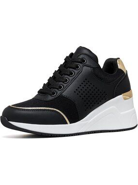 Women's Black Gold Lightweight Lace-Up Wedge Chunky Platform Design Sneakers